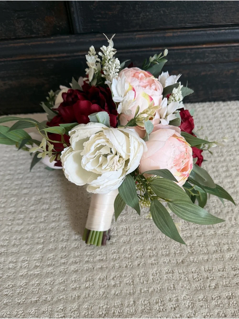 Wedding Bridal Bouquet - Blush Pink, Ivory & Burgundy Peonies